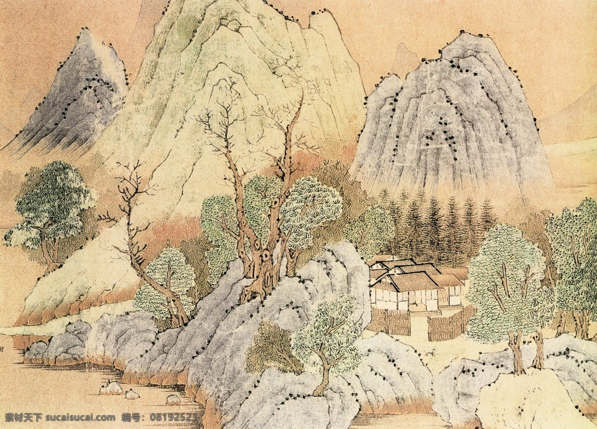 山水工笔 村庄 青山 文化艺术 绘画书法 山水名画 设计图库