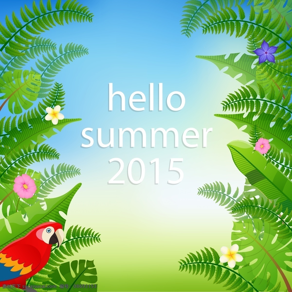 2015 绿色 夏季 海报 矢量图 鸡蛋花 鹦鹉 棕榈树 椰子树 2015年 度假 自然景观 自然风光