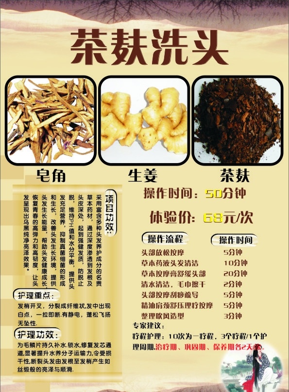 茶麸洗头 茶麸 皂角 生姜 中药 养发 洗头 作用 功效 养发图片 适用人群 黄色背景 请帖招贴 矢量