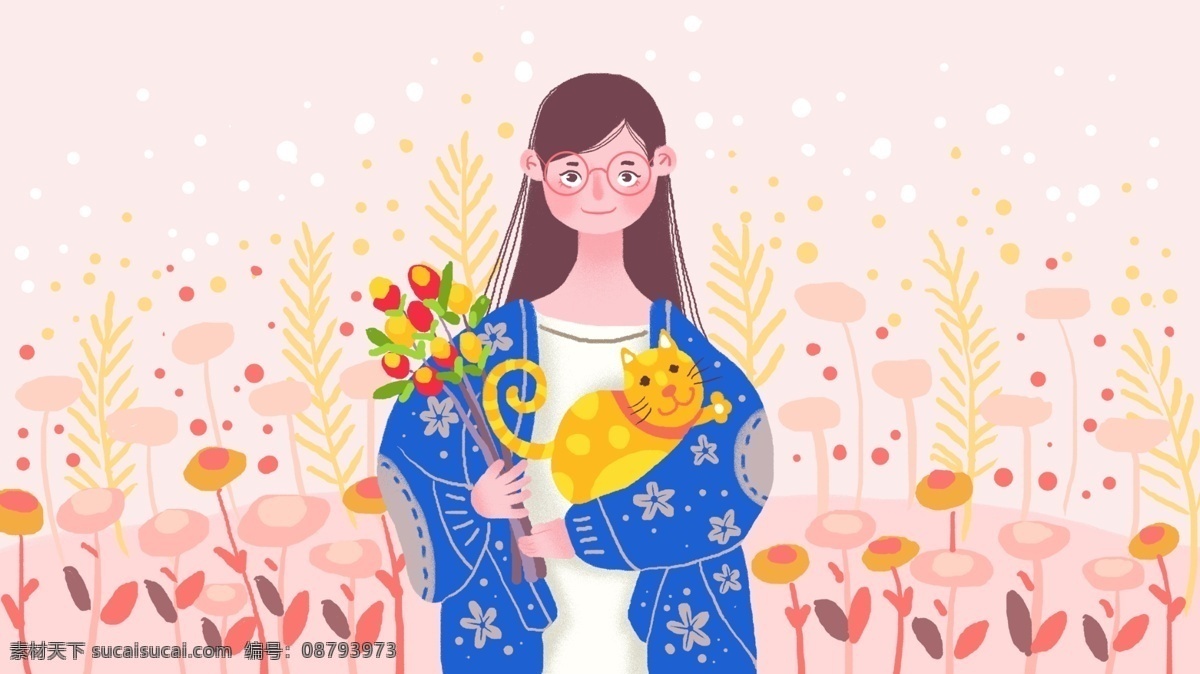 怀抱 猫咪 少女 萌 宠 系列 插画 粉红色 动物 小猫 萌宠