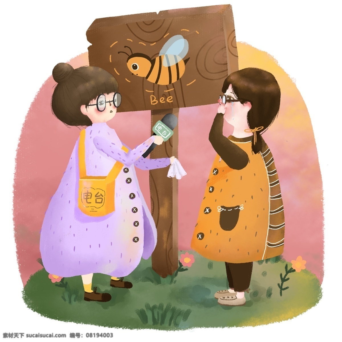 卡通 可爱 手绘 儿童 插画 记者 采访 元素 卡通可爱 人物 女孩 蜜蜂