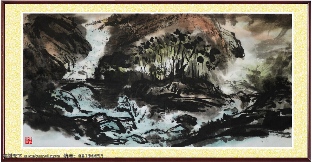 风景画 绘画书法 流水 山石 石头 树木 水墨画 雨 后山 溪水 流声 中国画山水 写意山水 纸本设色 印章 云雾 溪流 杂草 小桥 陈强 国画作品 文化艺术 装饰素材 雕刻 图案