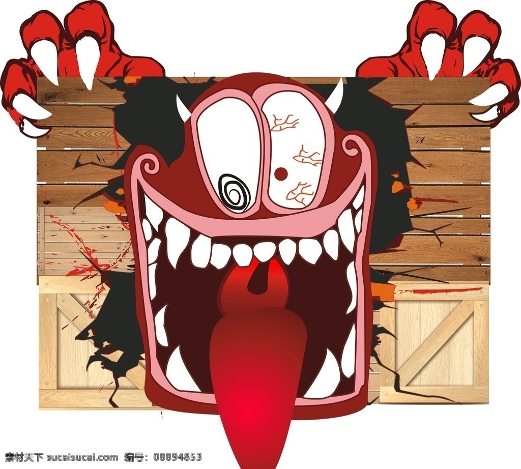 卡通怪兽 烂木箱 木板 鬼屋入口 搞笑表情 破裂 平面宣传 矢量