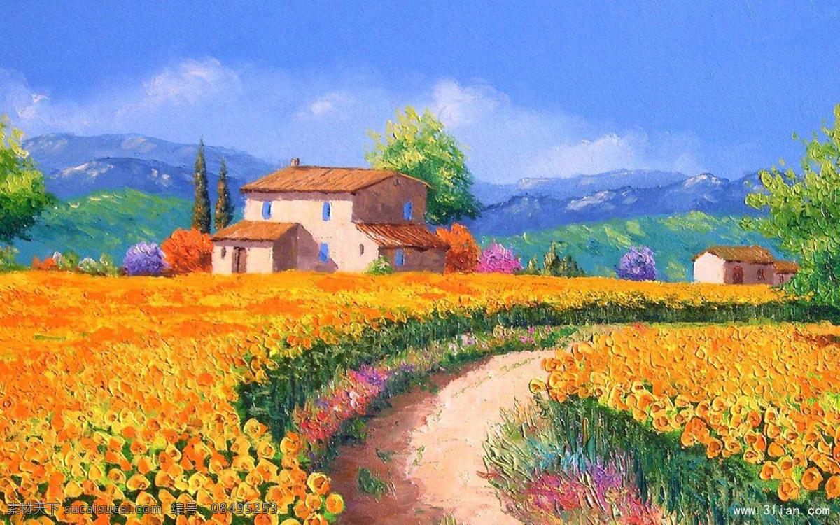 油画 油 画 花 草地 房子 山 树