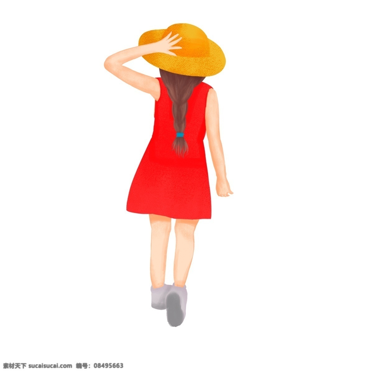 小 清新 带 帽子 女孩 手绘 小清新 插画 度假 春游 背影