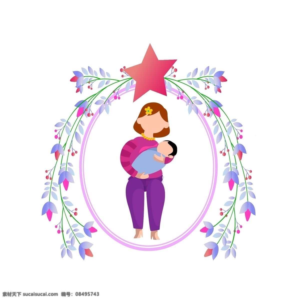 卡 通风 母亲 抱 孩子 照片 元素 婴儿 边框 花纹 花朵 叶子