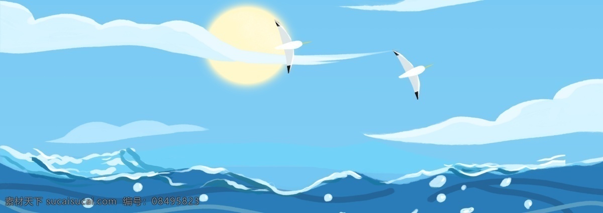 蓝色 创意 海边 风景 背景 景色 太阳 休闲 度假 纹理 卡通插画 飞鸟 海鸥 质感