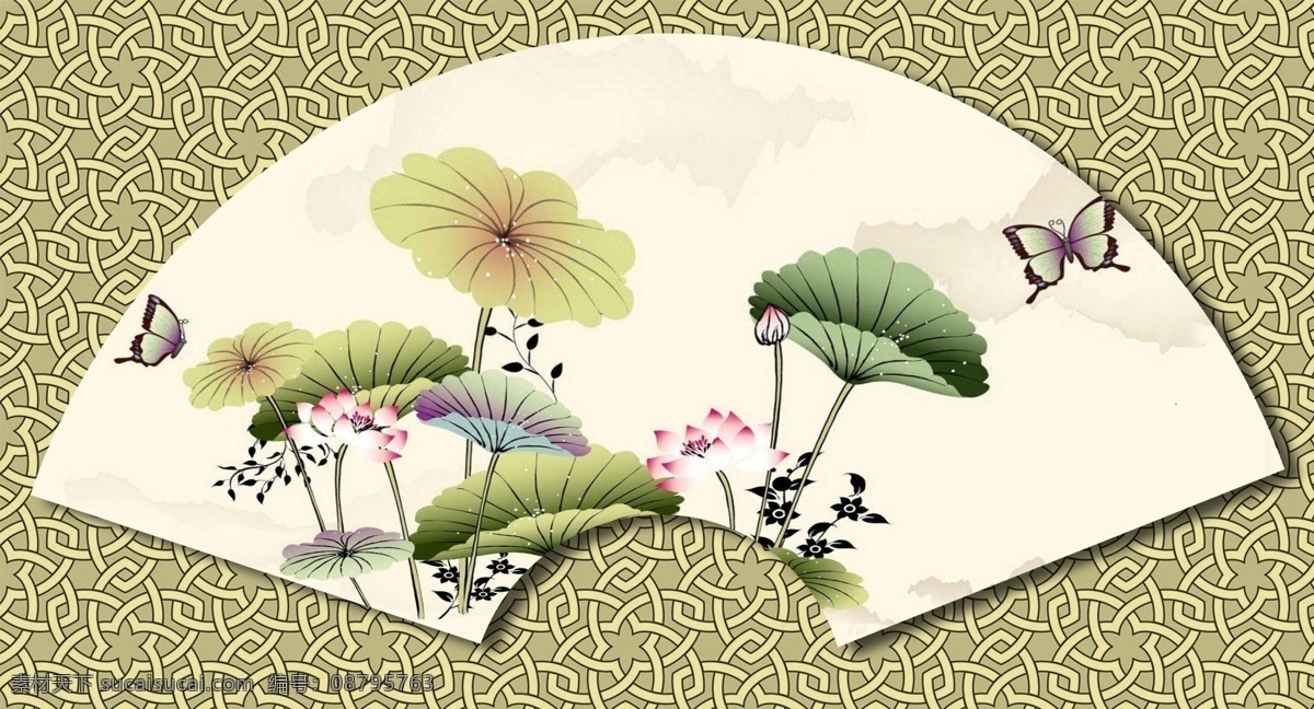 荷叶 蝴蝶 扇面 设计图 水墨画 扇面设计 psd文件 中国画 山水画 分层