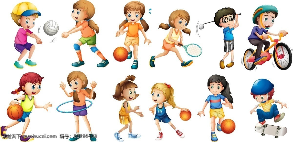 体育运动员 呼啦圈 排球 高尔夫球 骑自行车 小孩运动员 小孩子运动员 矢量小孩 卡通小孩 手绘小孩 小孩插画 投球 街舞 篮球 打篮球 滑板 冲浪板 打棒球 拳击手 羽毛球 踢足球 橄榄球 儿童 卡通儿童 手绘儿童 儿童插画 运动健儿 体育用品 人物图库 儿童幼儿