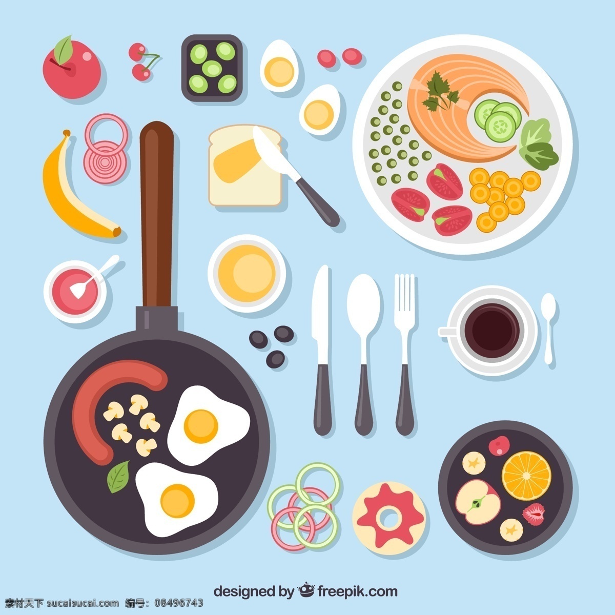 食物与餐具 食物 餐具 俯视图 苹果 樱桃 葡萄 水果 蔬菜 咸鸭蛋 面包 香蕉 洋葱 火腿 煎鸡蛋 蘑菇 树叶 叶子 平底锅 面包圈 橙子 草莓 咖啡 叉子 刀子 勺子 刀叉 黄瓜片 圣女果 餐饮 餐厅 美食 美味 食品 饮品 插画 背景 海报 画册 食品果蔬 生活百科 餐饮美食 平面素材