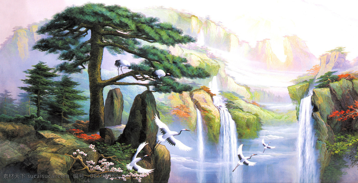 古典 松 飞 鹤 瀑布 山水画 古典松 飞鹤 山水 白色