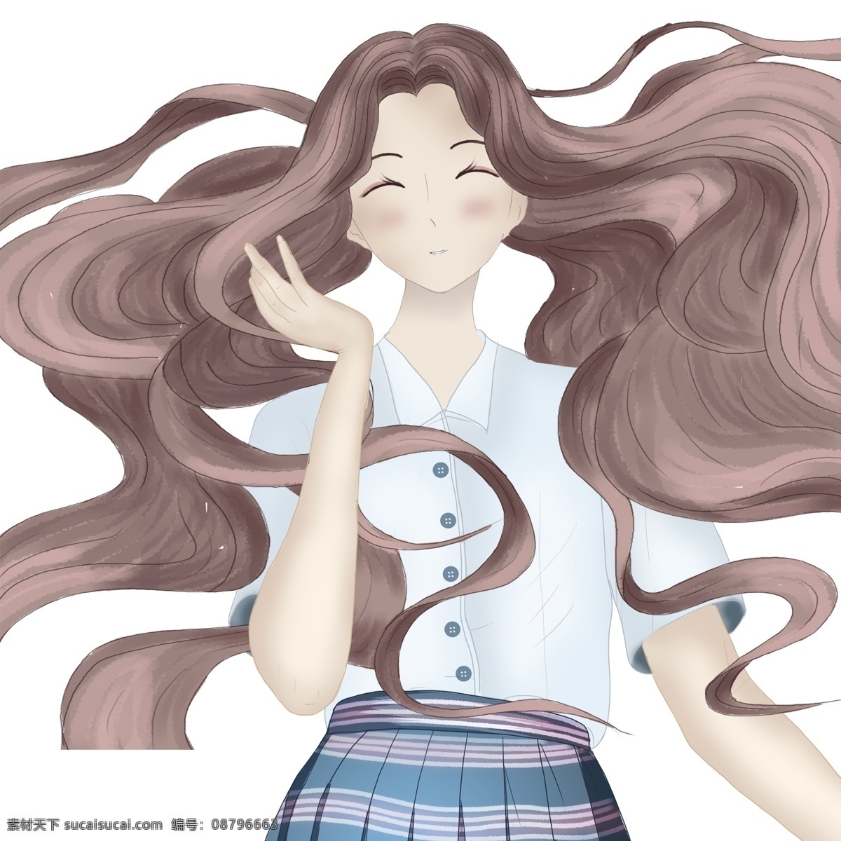手绘 一个 美丽 长发 女性 日系 漫画 女生 人物 学生 高中生 女学生