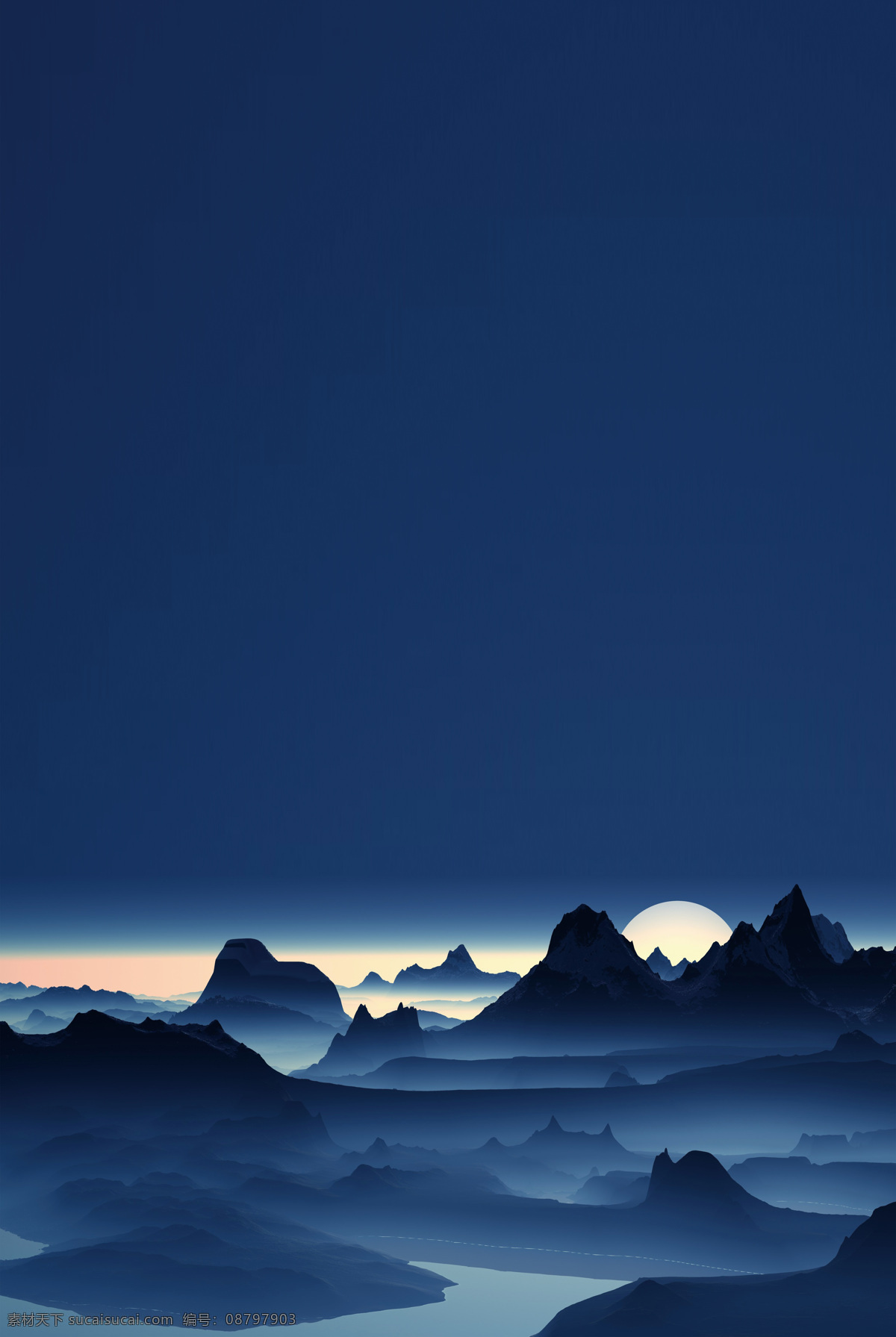蓝色 水墨 山峰 背景 月亮 日出