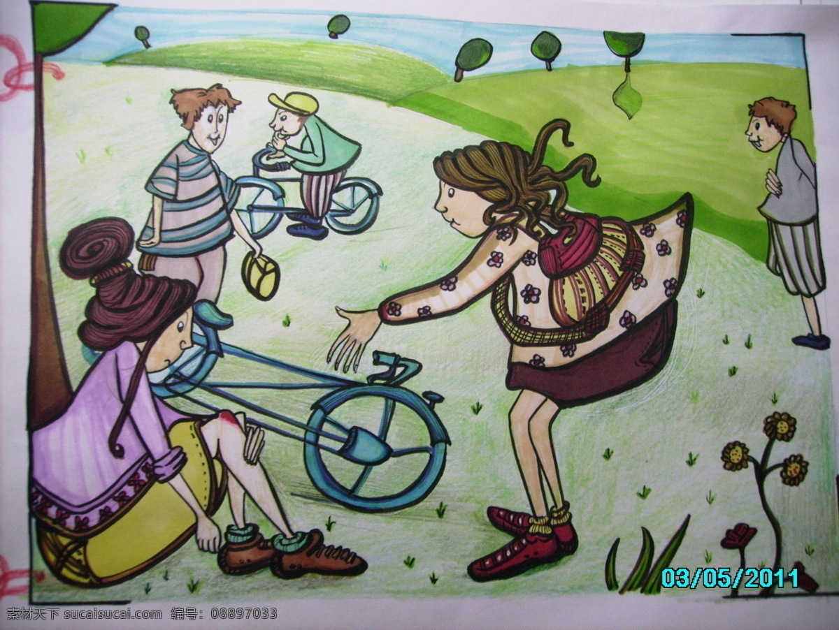 插画 儿童插画 儿童画 卡通 美术绘画 设计色彩 手绘 文化艺术 儿童 自行车 插画集