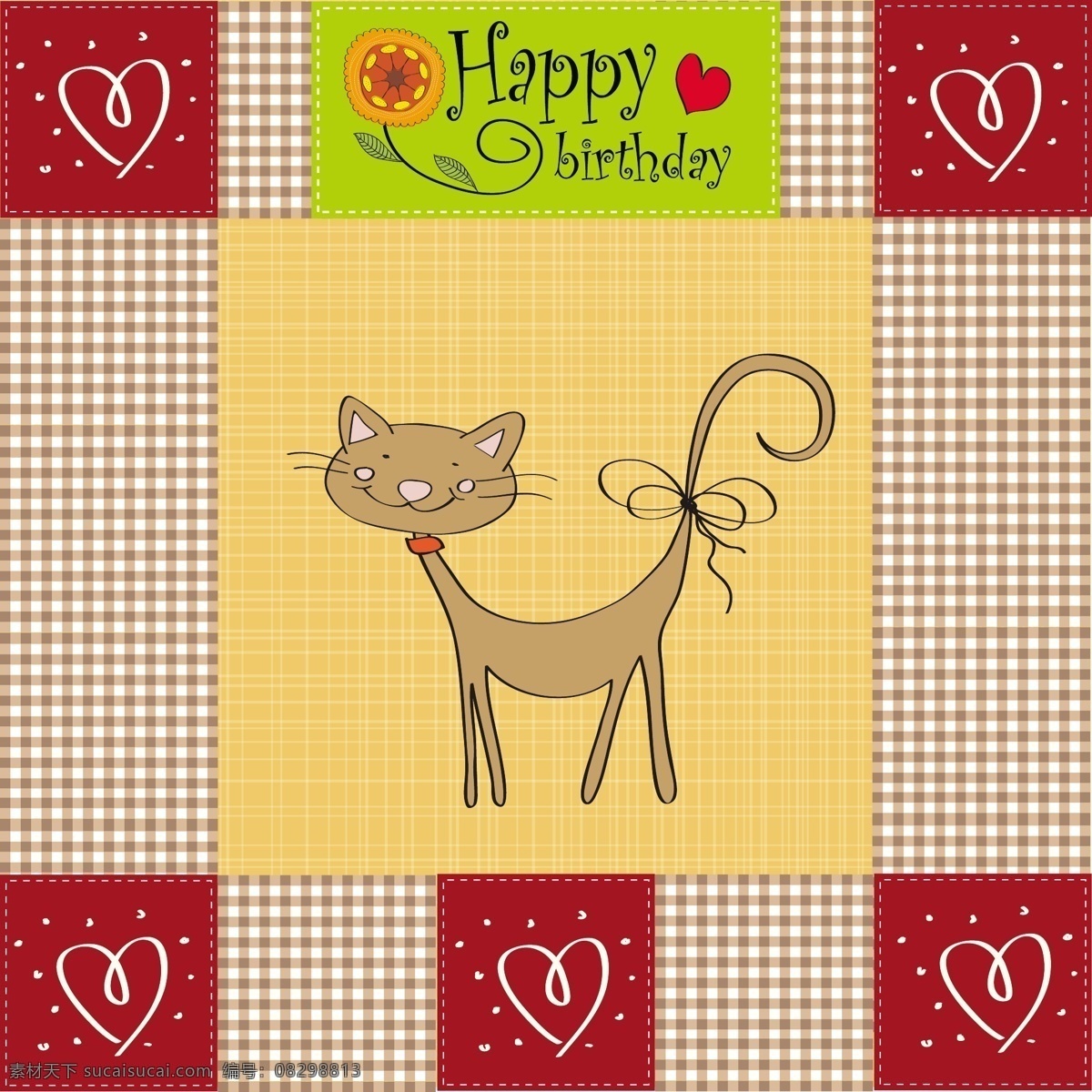 矢量 卡通 猫咪 花纹背景 卡通贺卡 生日快乐 手绘猫咪 矢量图 其他矢量图