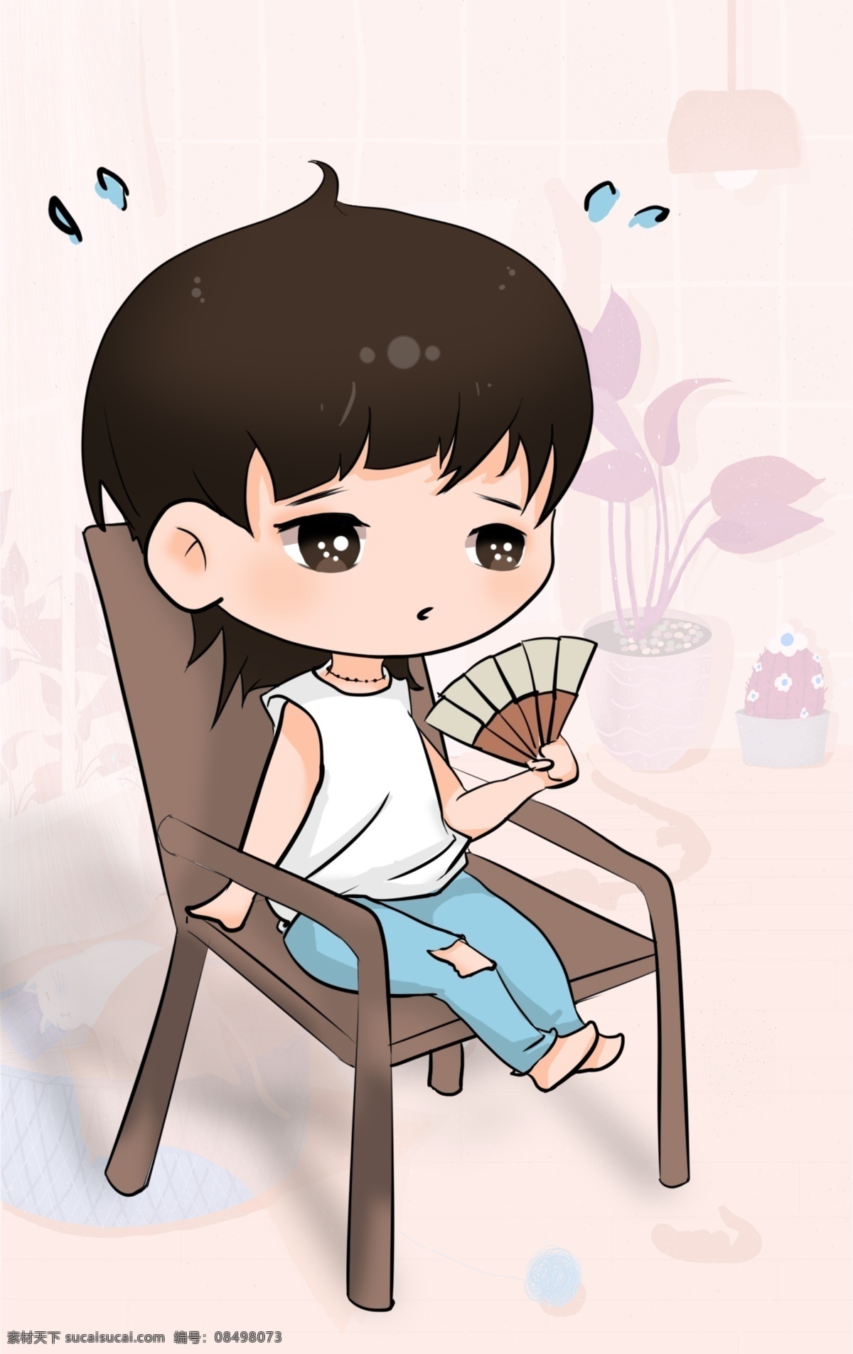 卡通 夏天 扇子 做 凳子 上 小 男孩 插画 热