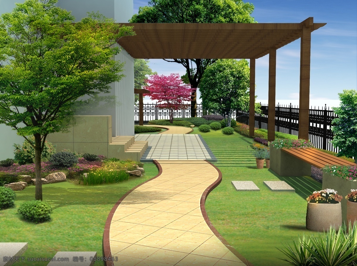 庭院 景观 局部 透视 效果图 局部透视效果 植物 植物素材 坐凳 景观花卉小品 灌木素材 草地 汀步 道路 花架效果图 花架 分层 源文件