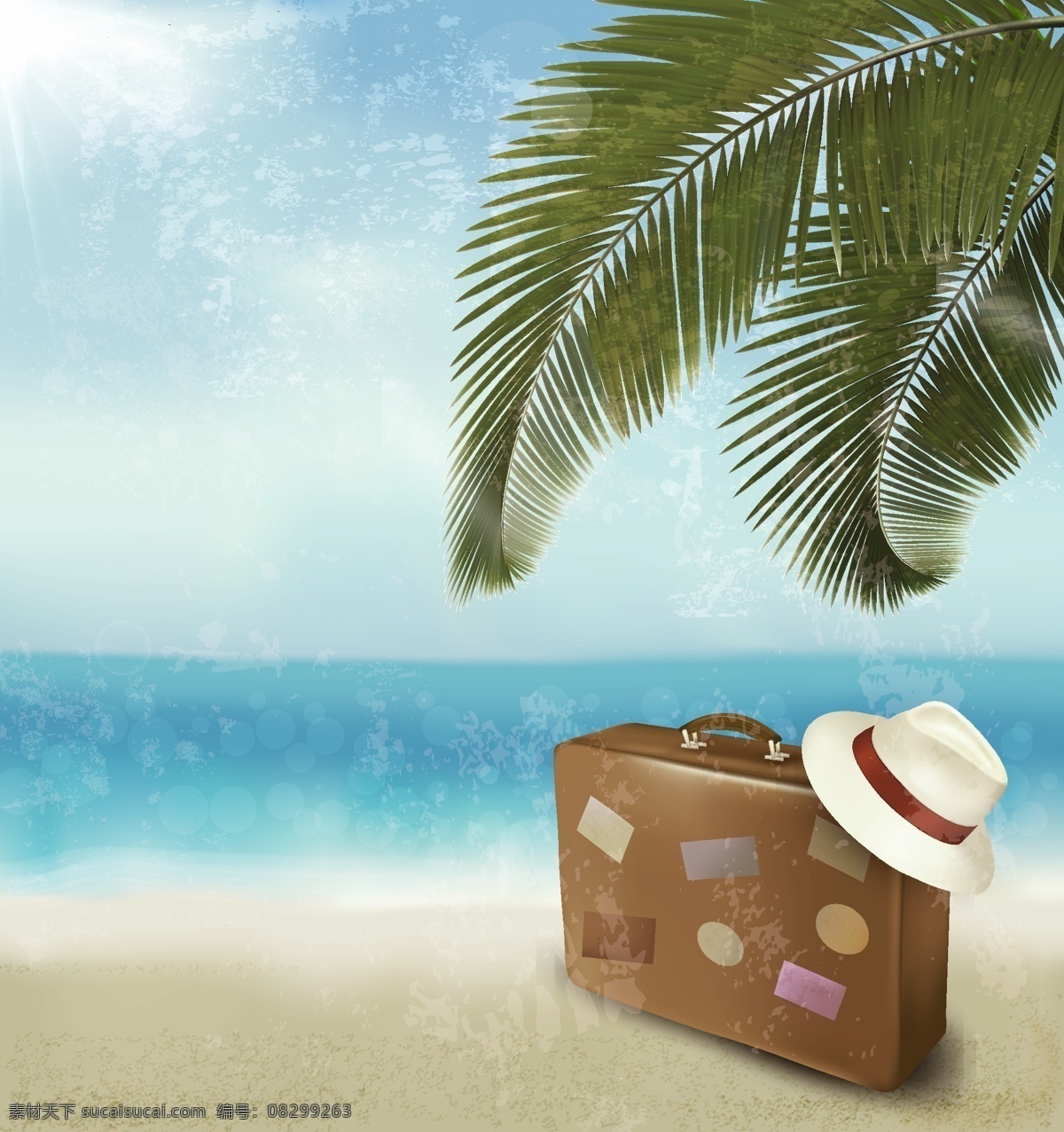 矢量 卡通 旅游度假 夏日 海边 背景 草帽 度假 复古 海洋 旅行箱 旅游 沙滩 手绘 童趣