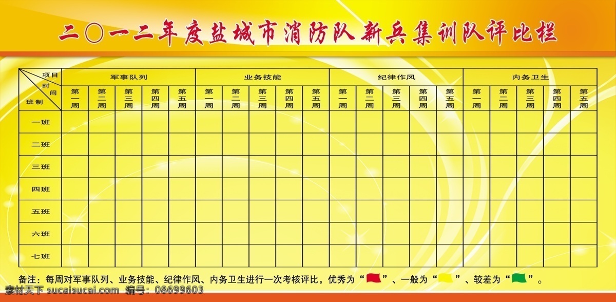 消防评比栏 2012年度 消防队 评比栏 军事队列 业务技能 纪律作风 内务卫生 小红旗 动感背景 展板模板 广告设计模板 源文件
