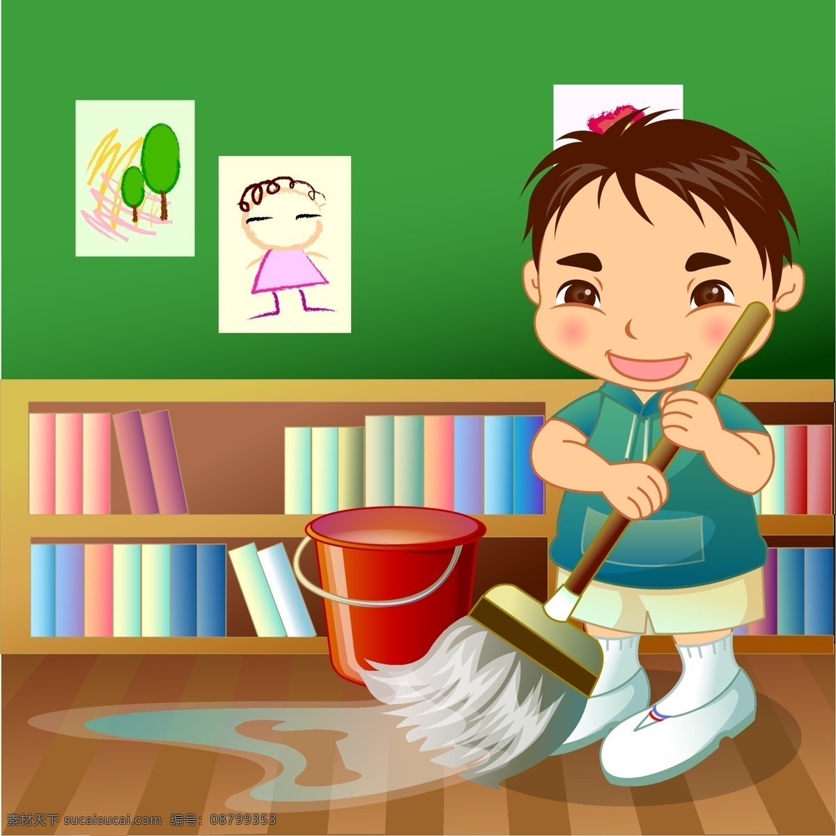打扫 卫生 孩子 卡通 劳动 可爱 打扫卫生 绿色