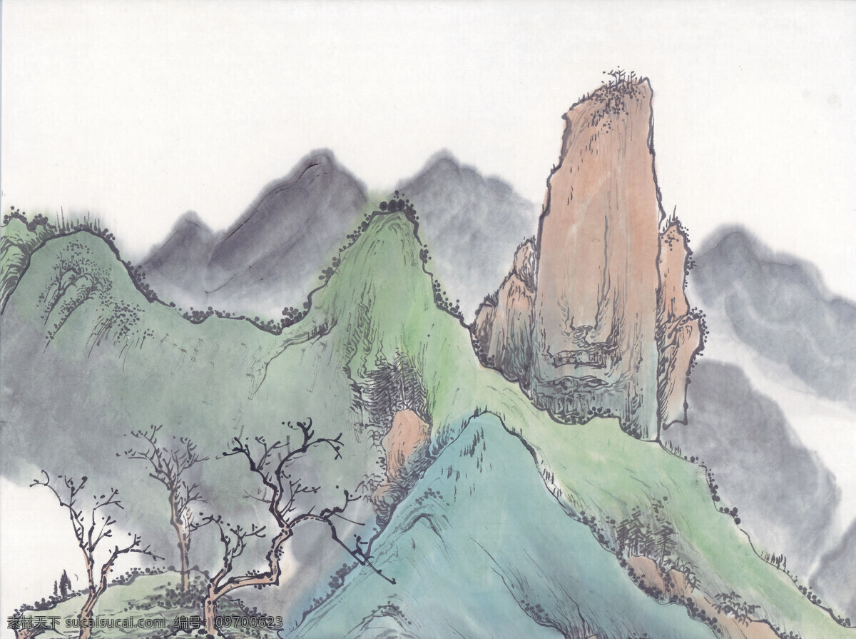 中式 山水 工笔画 水墨 工笔 大山 风景 中式工笔画 文化艺术 绘画书法