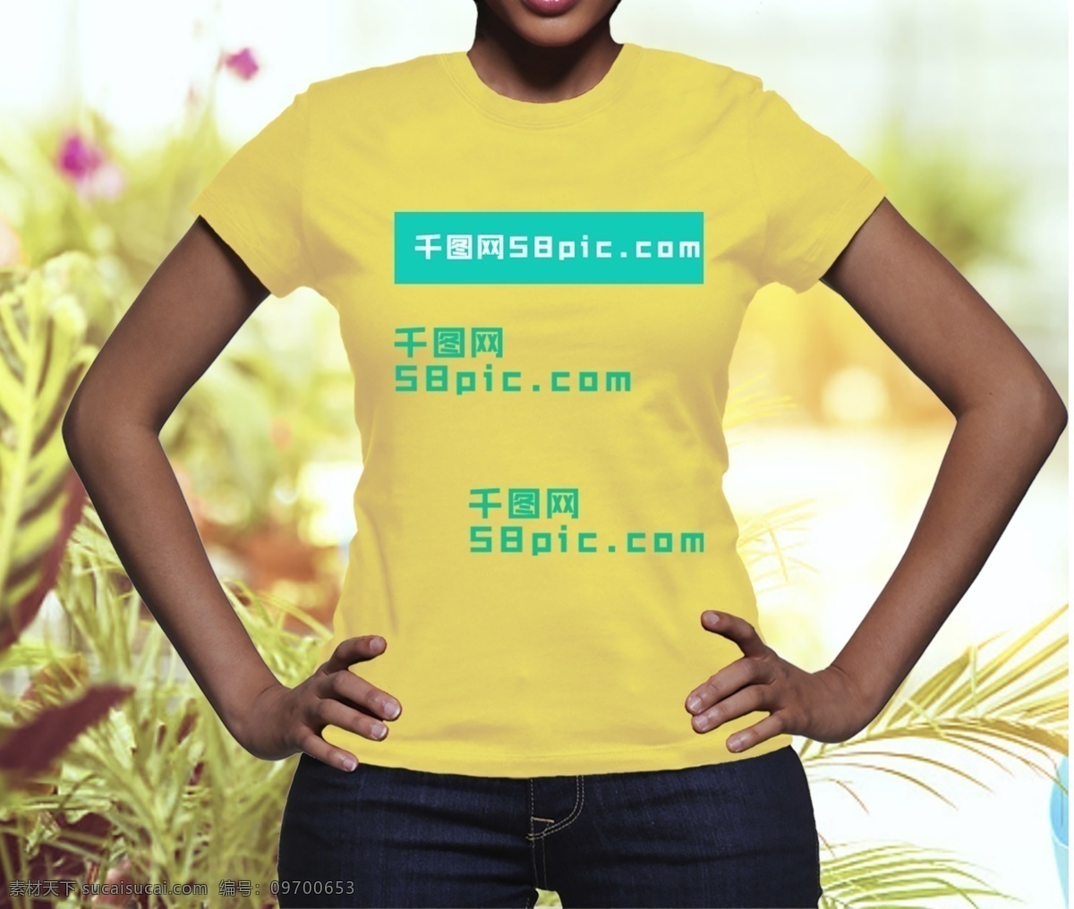 女士 tshirts 服饰 vi 样机 服饰素材 服装展示素材 工作服 短袖 模特 黄白黑绿短袖 戴耳机模特