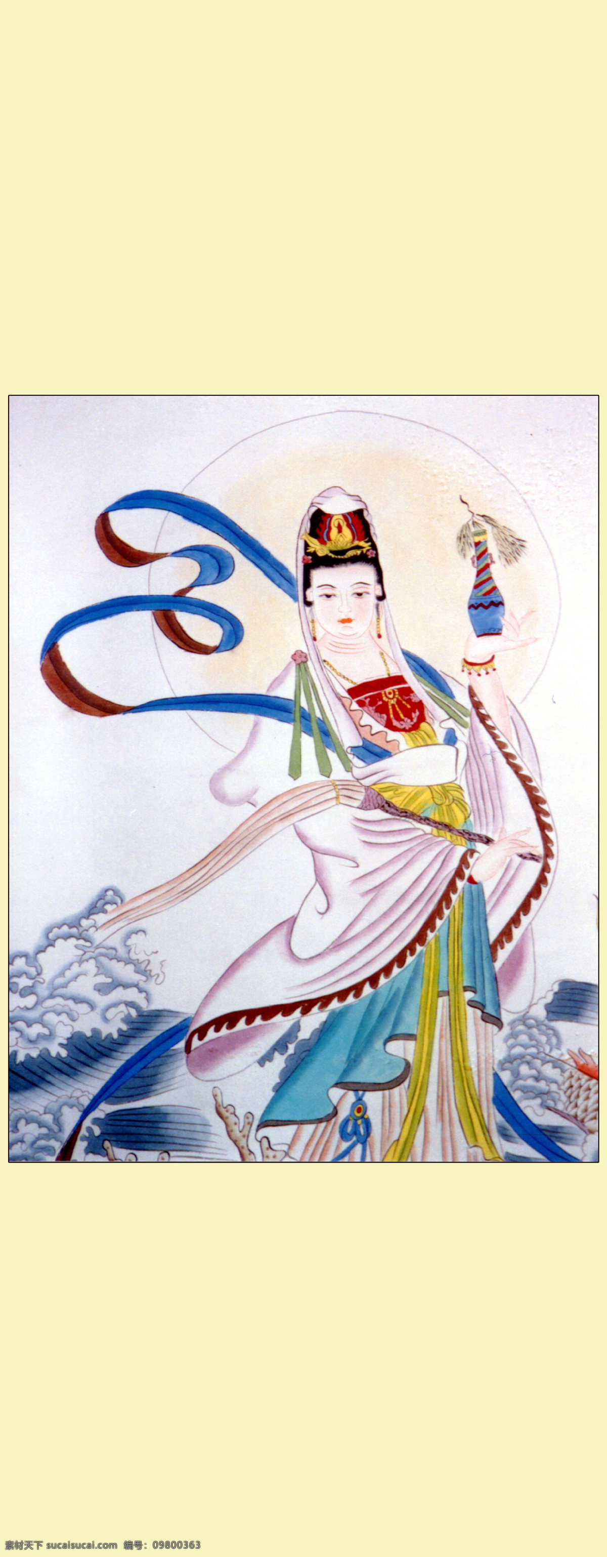 观世音 壁画 观音 海 浪花 菩萨 水墨 中国风 中国画 中式 净瓶 手托净瓶 装饰素材 壁纸墙画壁纸