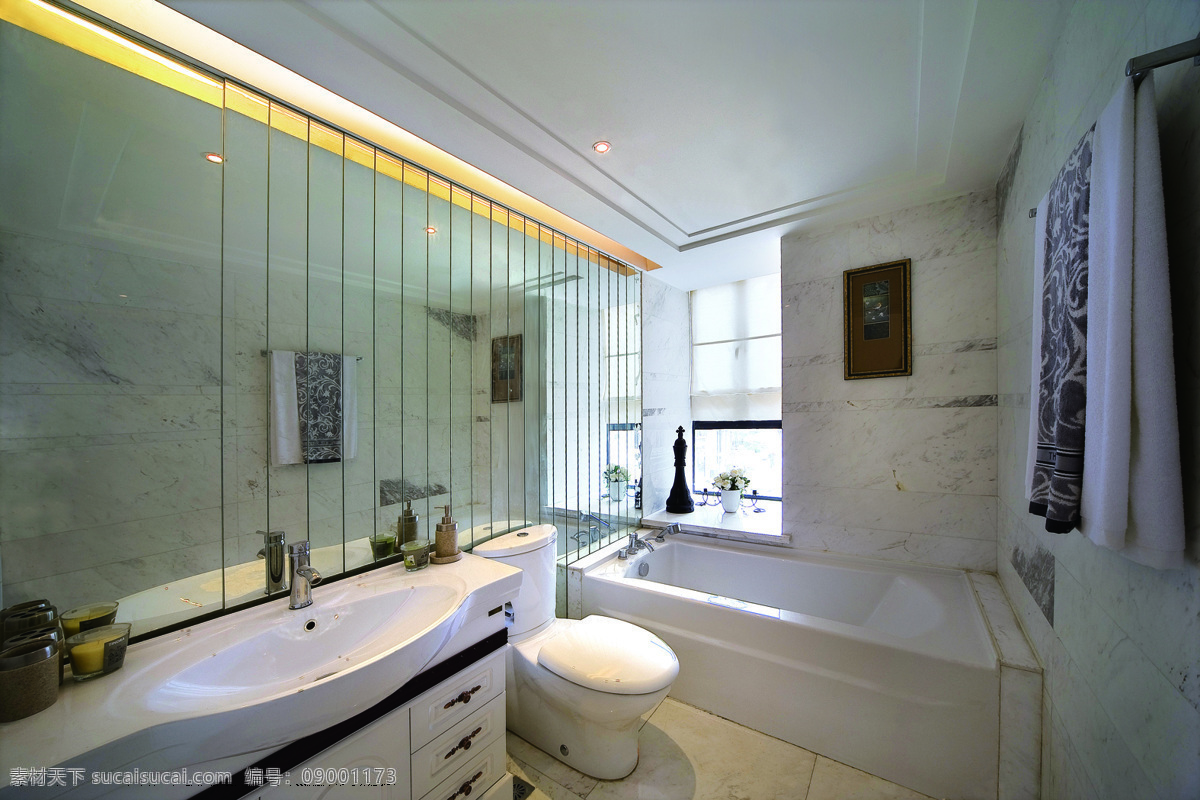 简约 卫生间 浴缸 装修 效果图 白色射灯 窗户 方形吊顶 黄色灯光 洗手盆