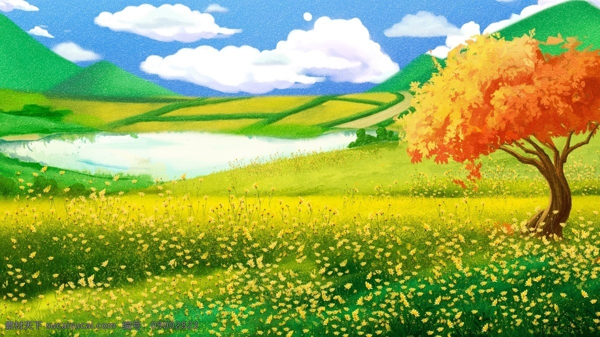 手绘 河边 春天 风景 插画 背景 治愈系背景 插画背景 植物背景 草地背景 绿地背景 蓝天白云 山水风景