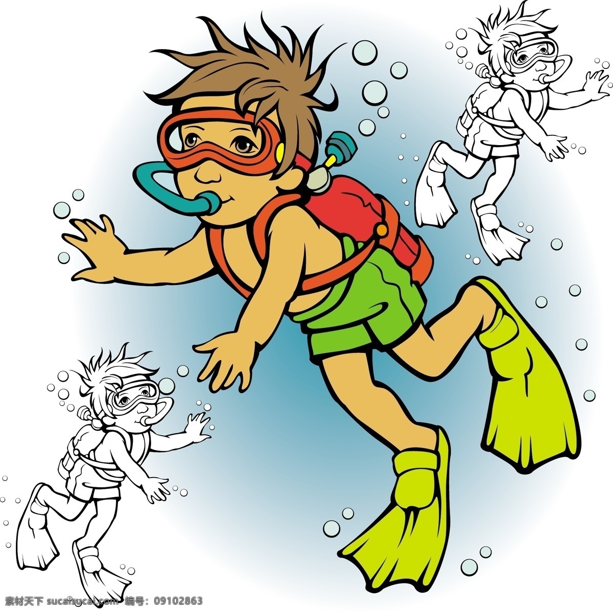 正在 海底 潜水 的卡 通 人物 卡通男孩 卡通潜水员 潜水运动 职业 卡通插画 体育运动 生活百科 矢量素材 白色