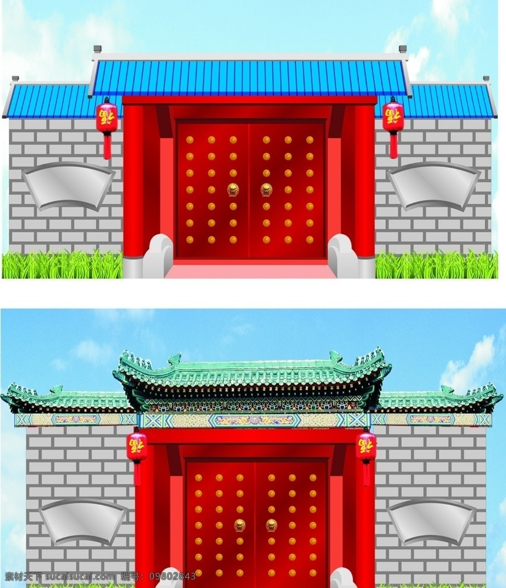 大门 古代大门 现代大门灯笼 砖墙 窗 柱子 矢量 传统建筑 建筑家居