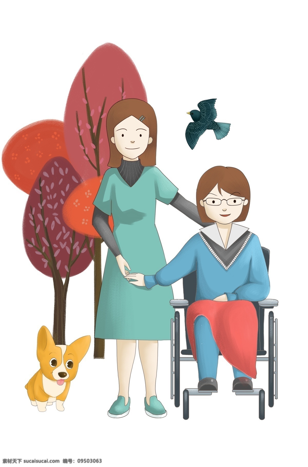 世界 残疾 人日 手绘 插画 世界残疾人日 黑色的小鸟 红色的树木 爱心人士 黄色的小狗 可爱的小狗