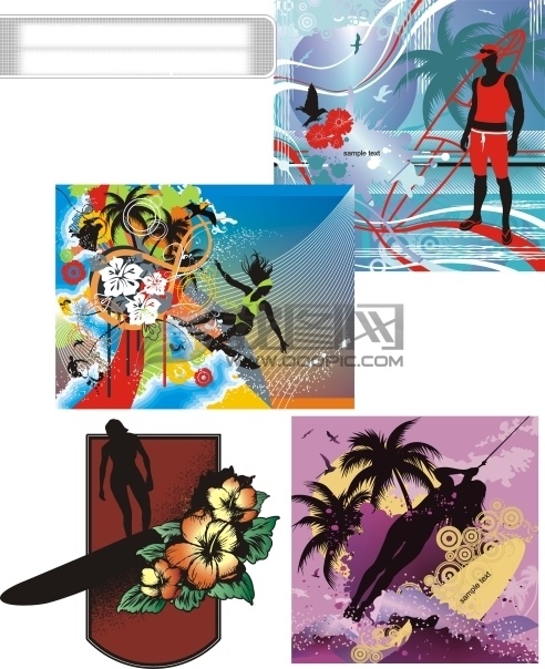 时尚服装 花纹 滑 浪 运动 矢量 冲浪 男性 花朵 椰子树 海边 天空 云朵 海水 矢量图 花纹花边