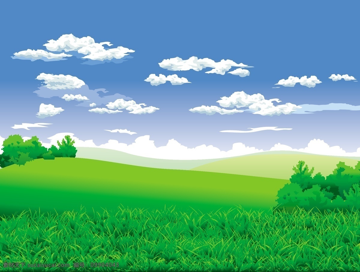写实 风格 矢量 郊区 美丽 风景 草地 春天 户外 景观 绿色 树 蓝色的天空 室外的风景 矢量图 花纹花边