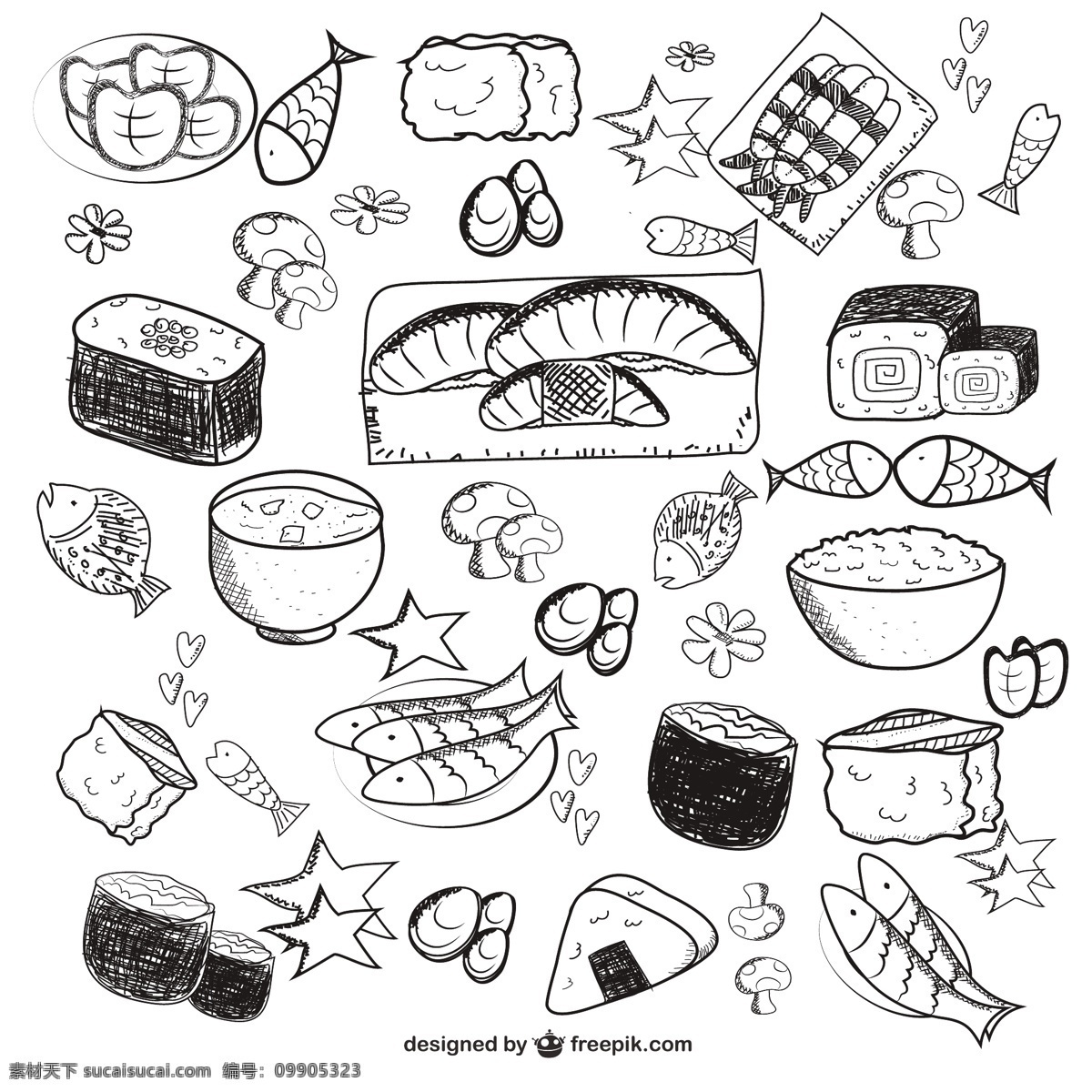 勾勒亚洲食品 食品 图标 手 鱼 手绘 蔬菜 可爱 涂鸦 市场 绘图 水稻 食品的图标 说明符号 蘑菇 手的图标 白色
