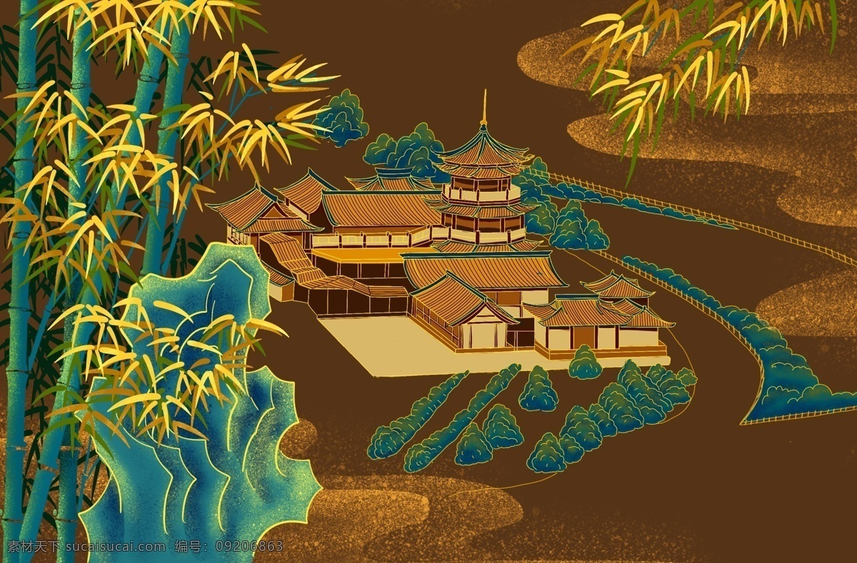 古典竹林小楼国风插画素材图片下载-素材编号09206863-素材天下图库