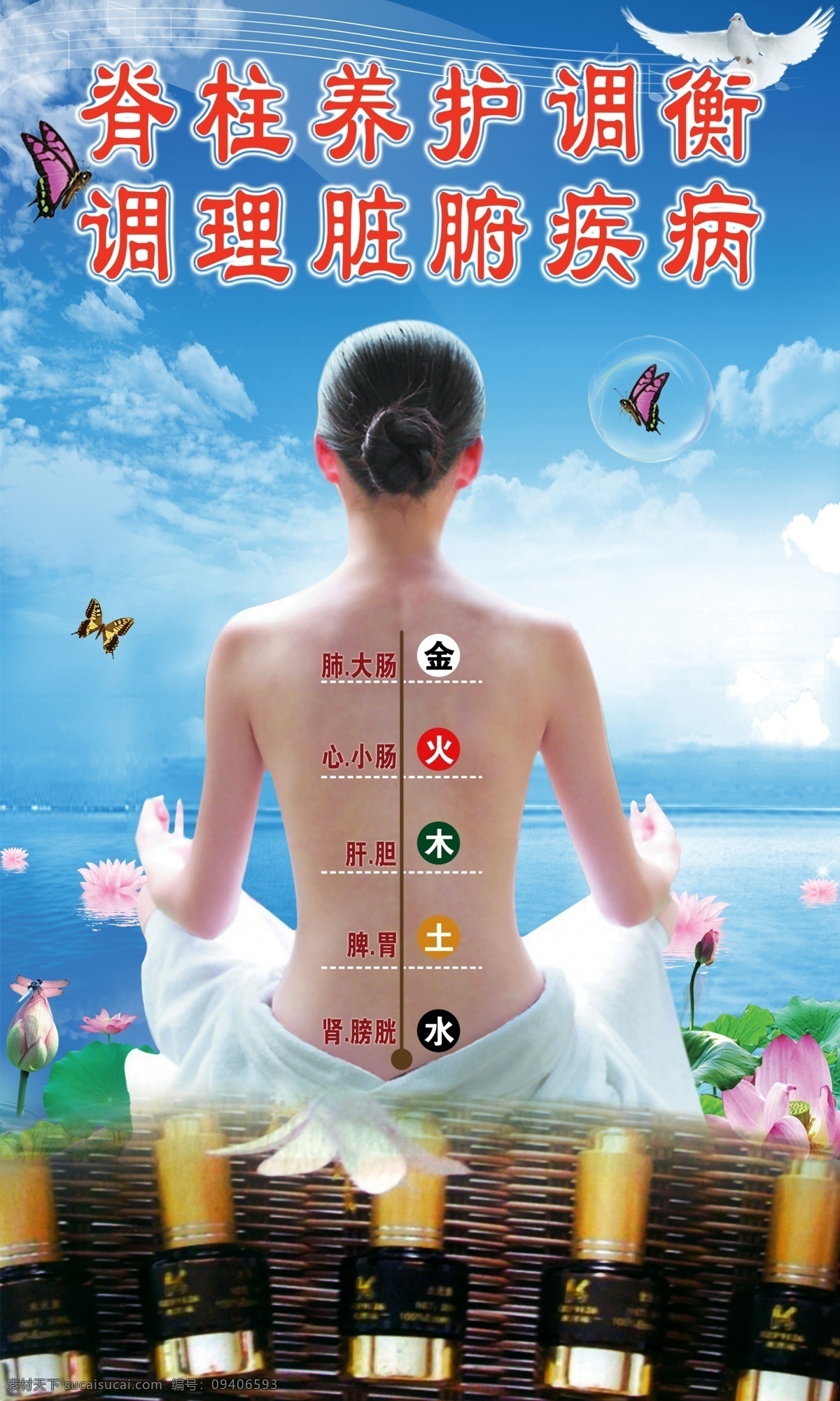 美体海报 美容 美体 瑜伽 金 火 土 木 水 蓝天白云 蝴蝶 荷花 背部 广告设计模板 源文件