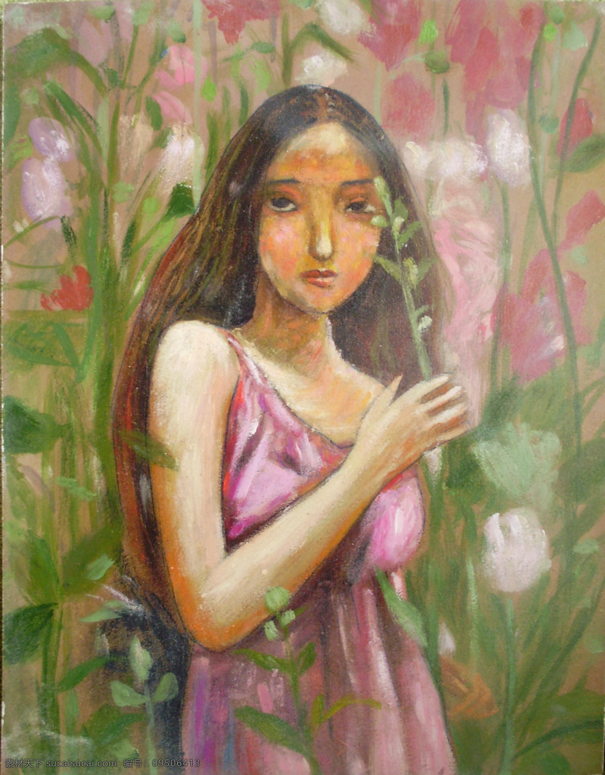 花丛少女 花 油画 花丛 少女 油画人物 灰色