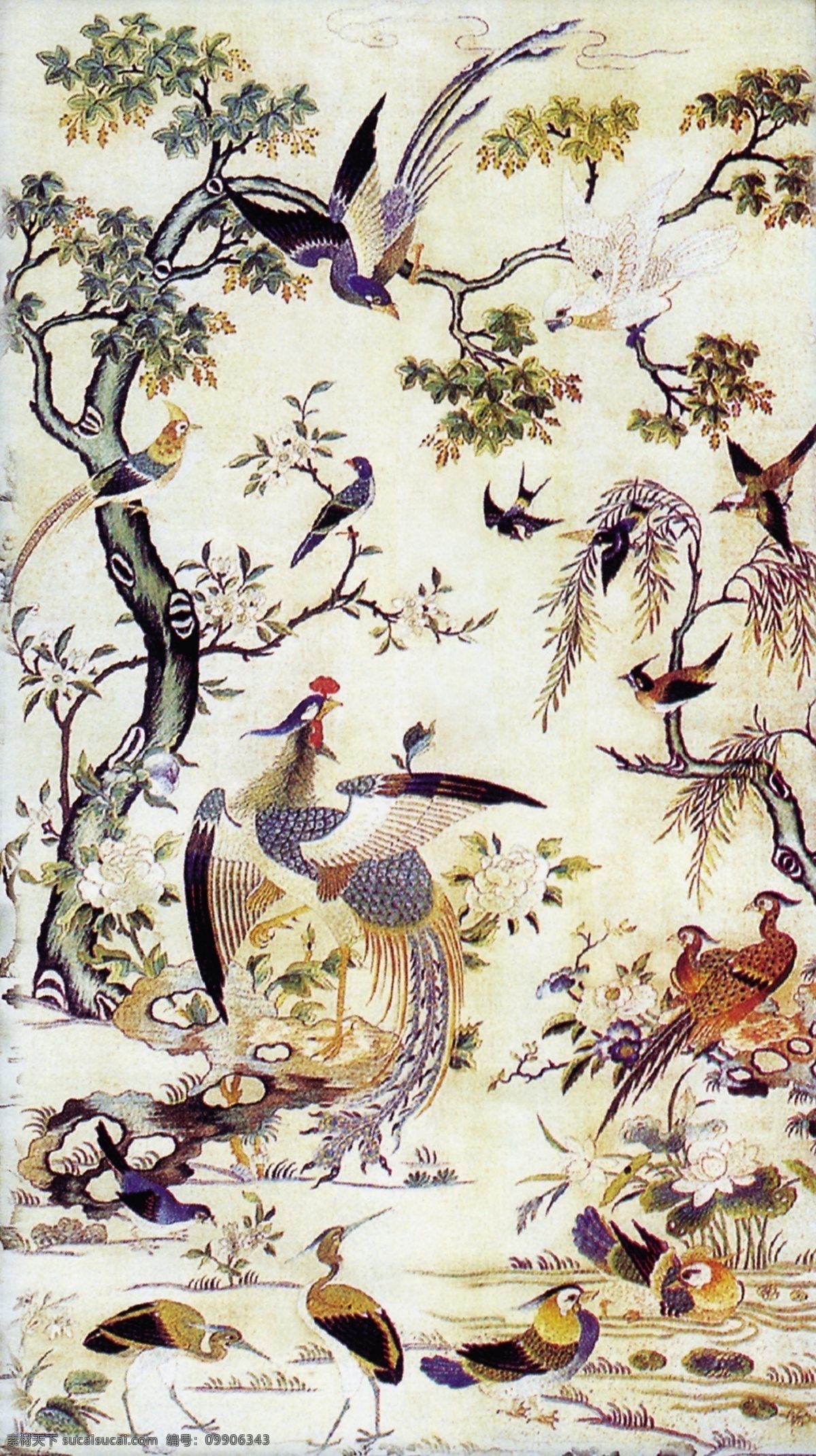 花鸟 国画 分层 源文件 古董 古画图片 花鸟国画 中国 传统 元素 整合 中华刺绣 文化艺术
