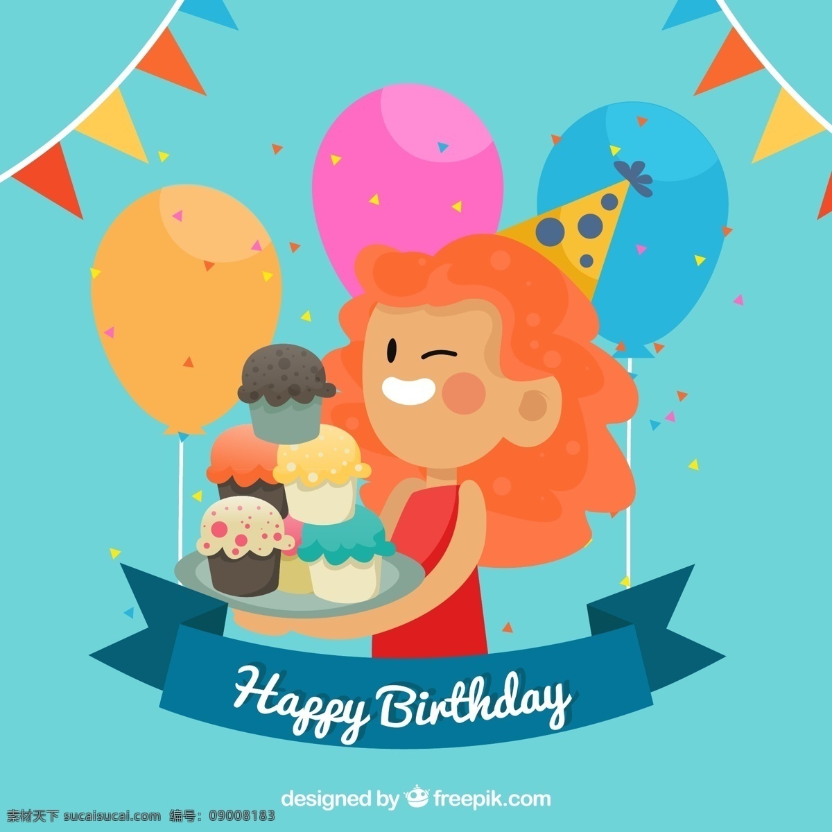 卡通 生日 派对 端 蛋糕 女孩 矢量图 happy birthday 气球 彩色纸屑 三角拉旗 纸杯蛋糕 文化艺术 节日庆祝
