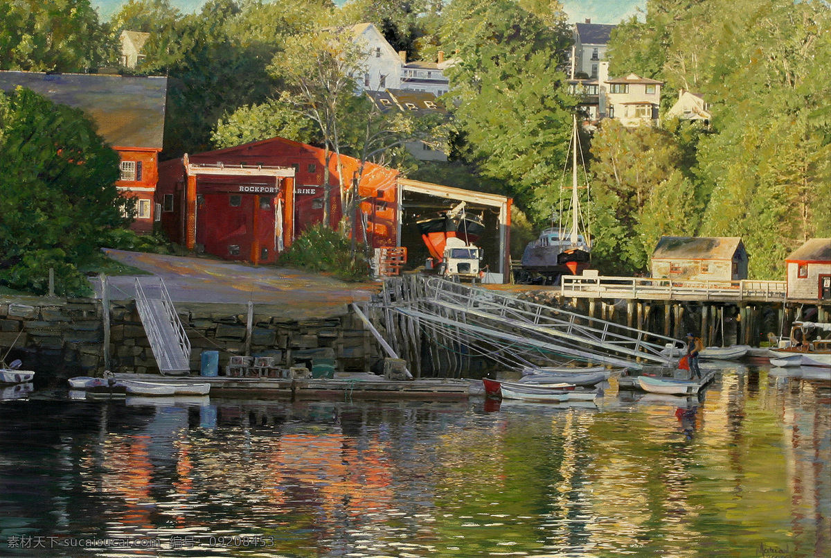 湖边 房子 高清风景油画 湖边的房子 油画素材下载 油画 装饰素材