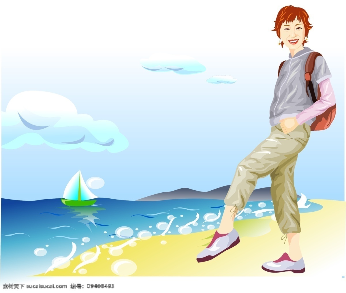 海边 背包 女孩 矢量图 其他矢量图