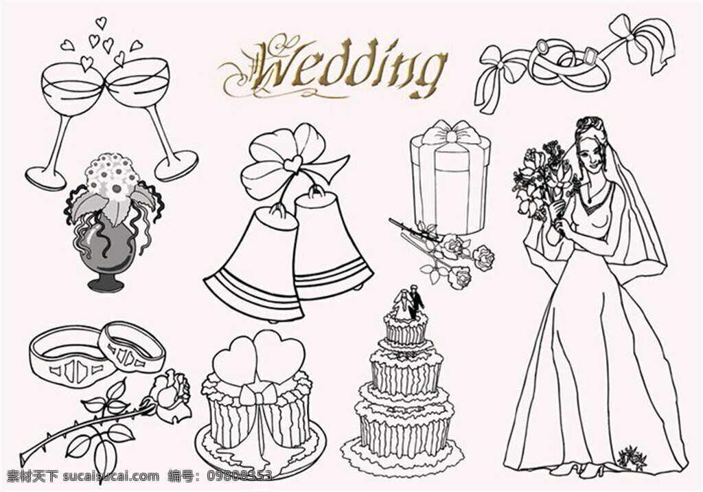 婚礼蛋糕 铃铛 新娘 酒杯 玫瑰花 戒指 线 框 图形 ps 笔刷 线框 白色