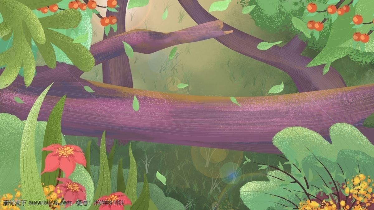 春季 绿色 梦幻 森林 童话 风 背景 清新 背景素材 卡通背景 树干 插画背景 小花 绿叶 广告背景 psd背景 手绘背景