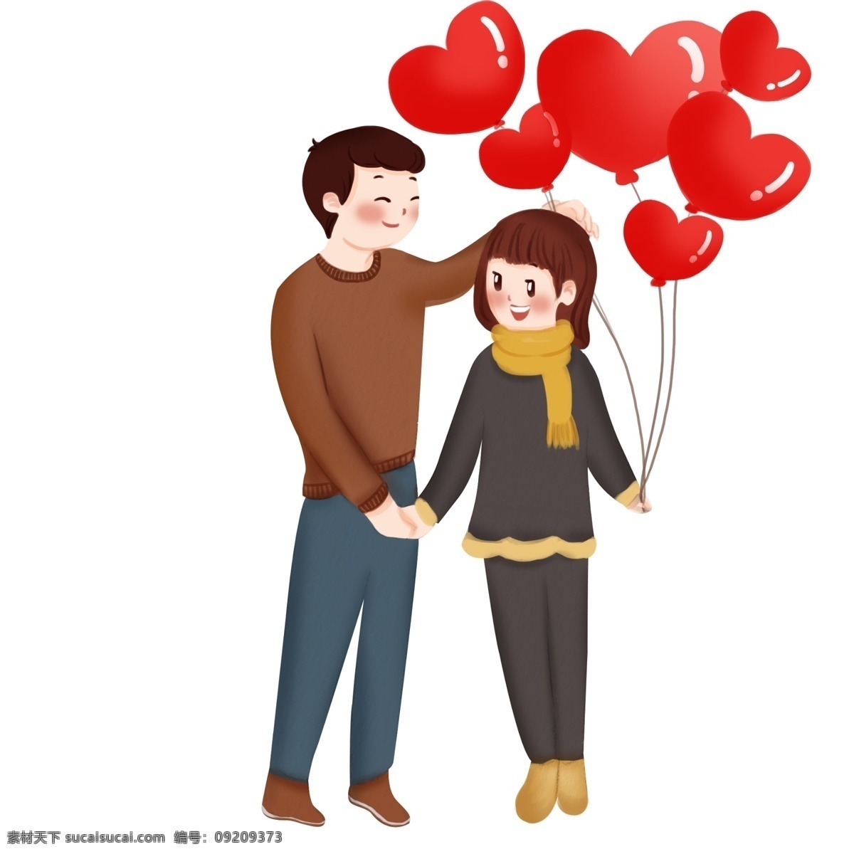 情人节 人物 气球 插画 红色的气球 桃心气球 漂亮的小女孩 黄色的围巾 恩爱的情侣