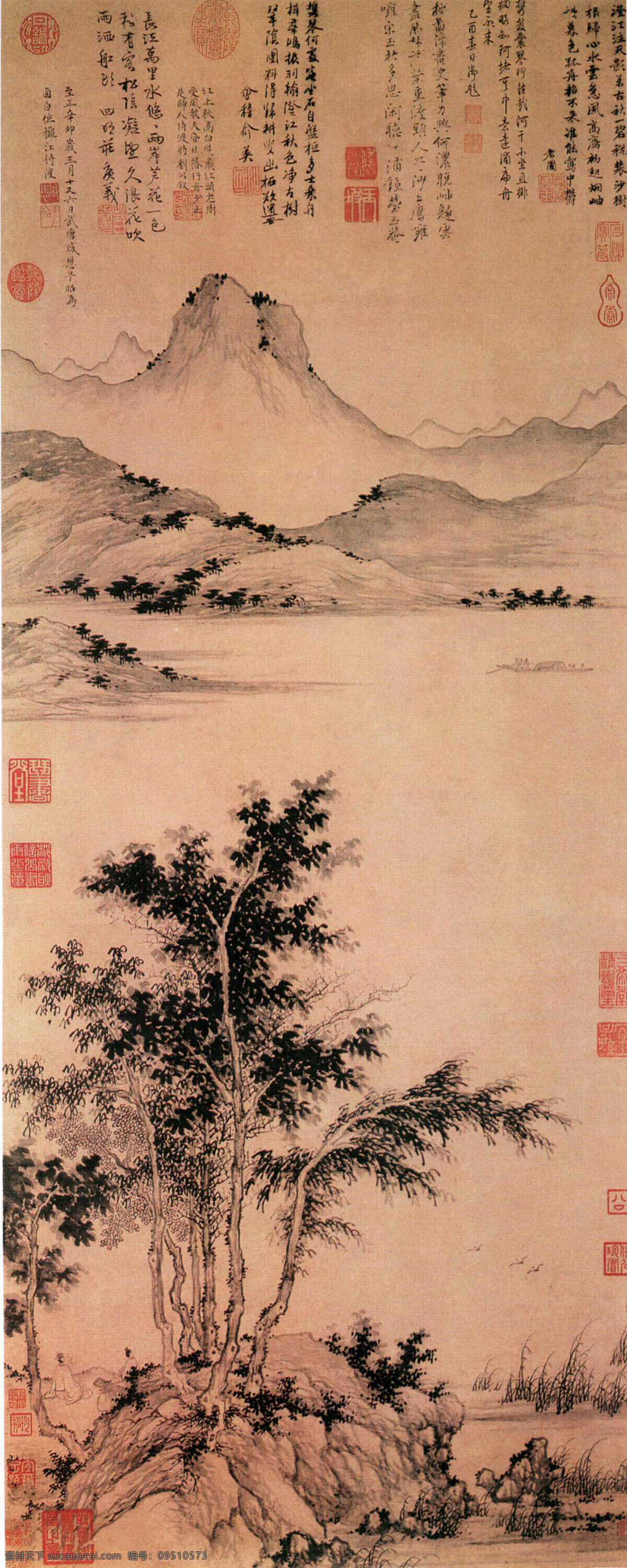 山水 名画 书画 秋 江 渡 图 古画 山水画 书画真迹 中国水墨画 秋江待渡图 文化艺术