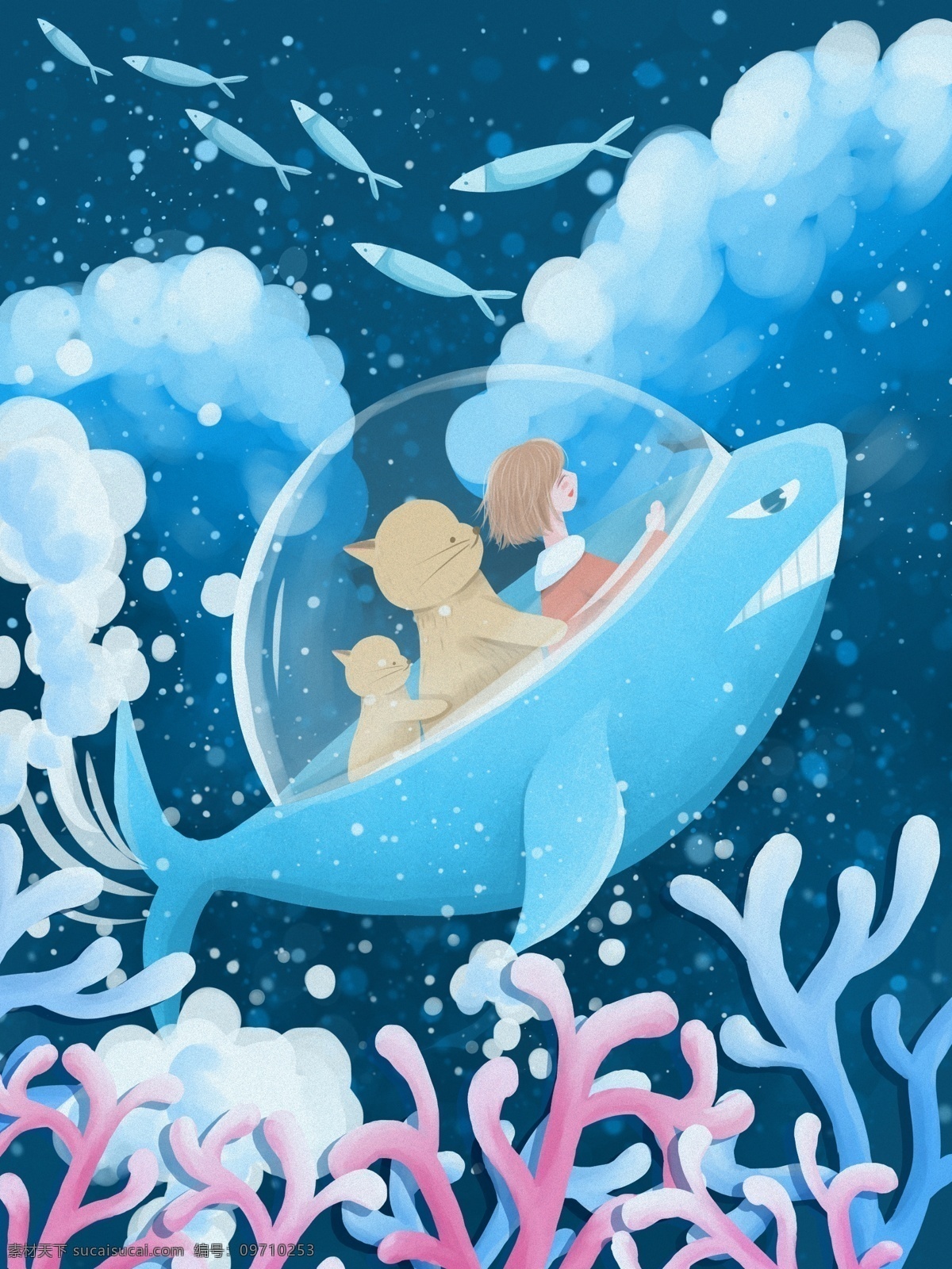 海洋 探险 肌理 写实 插画 蓝色 清新 可爱 壁纸 海洋探险 海底 鱼 潜水艇 鲸鱼 鲸 海水 珊瑚 小鱼 鱼群 女孩 猫 治愈