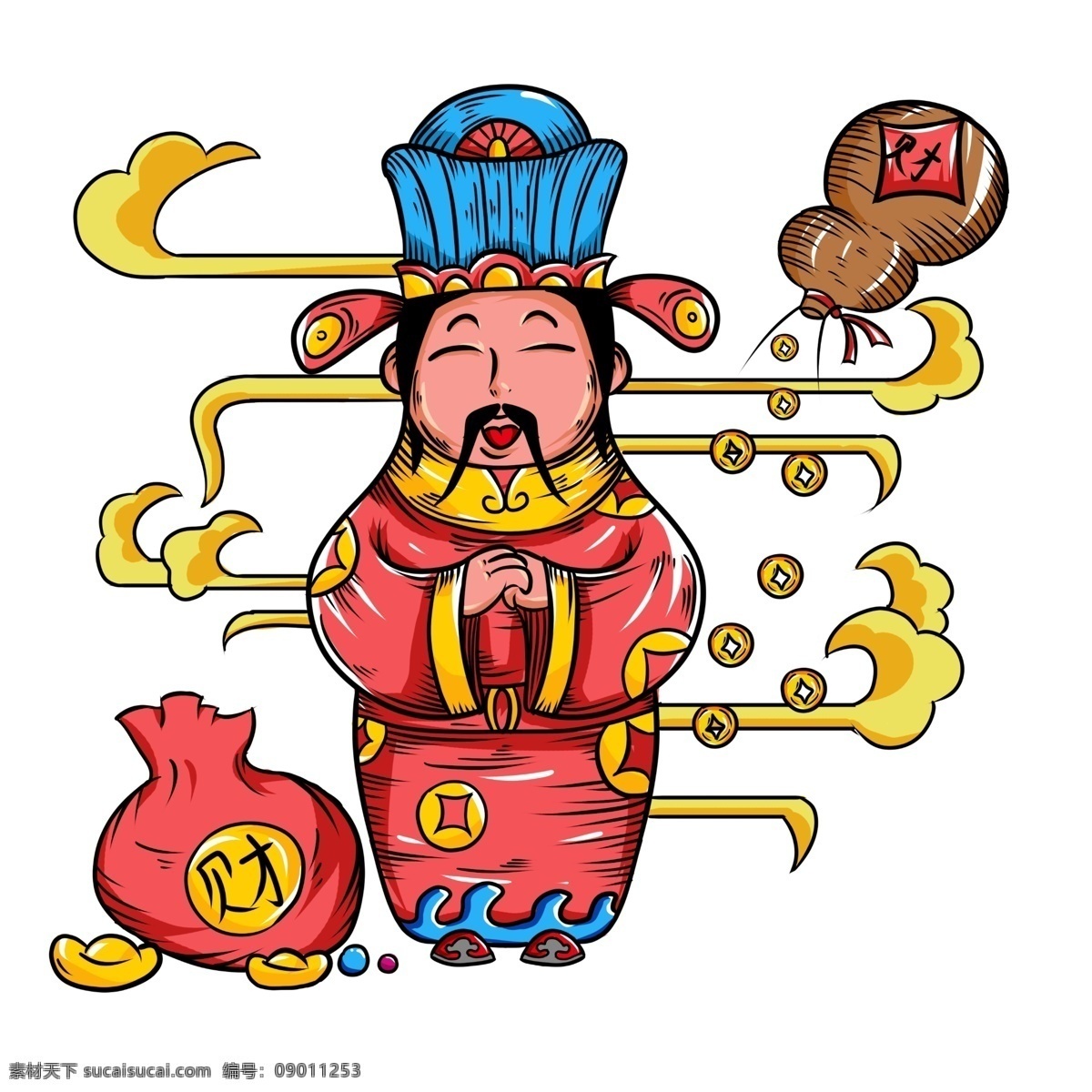 中国 风 手绘 福 袋 财神爷 招财进宝 中国风 传统 元宝 发财 红包 财神 金币 钱 猪年 生肖 祥云 钱币 福袋