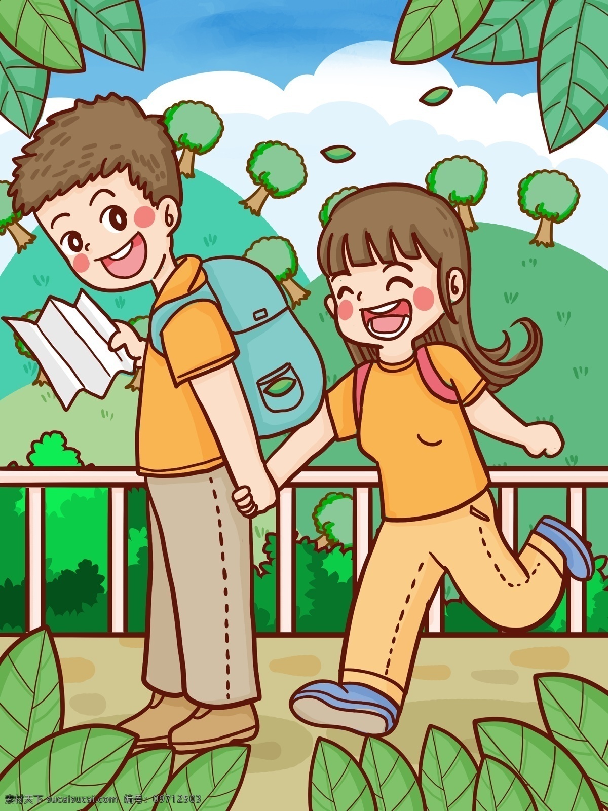 旅游 季节 情侣 男孩 带 女孩 爬山 踏青 手绘 插画 旅游季节 春天 男孩女孩 查地图 开心 卡通