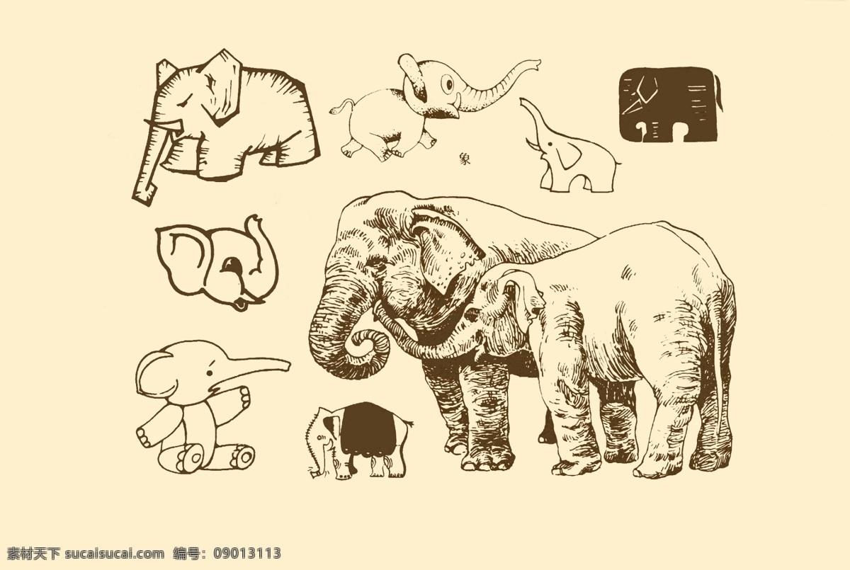 动物图案 大象 卡通 动物 纹样 图案 白描 简笔画 儿童画 象 分层 源文件